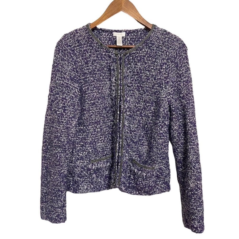 Chico's Women's Purple Wool Blend Clasp Front Tweed Pockets Blazer Medium/8